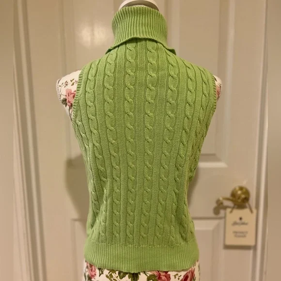 Ralph Lauren lime green cable knit polo sleeveless turtleneck sweater - M - Picture 2 of 9